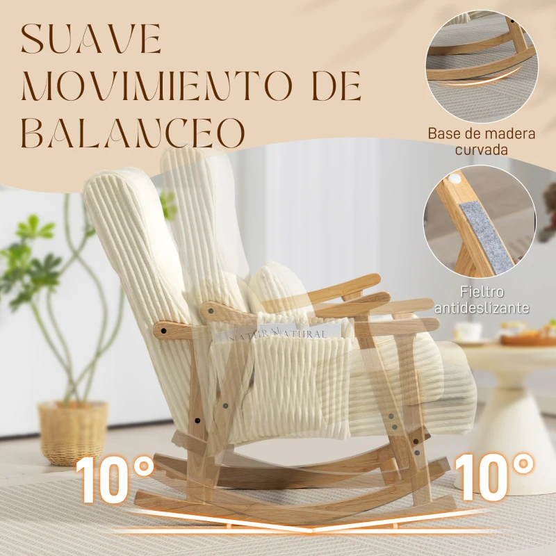 HOMCOM Silla Mecedora de Pana con Cojín Lumbar Patas y Reposabrazos de Madera de Caucho Bolsillo Estilo Moderno Beige