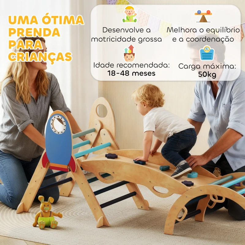 AIYAPLAY Triângulo de Escalada Montessori 7 em 1 Estrutura de Escalada de Madeira Tema de Foguete Azul