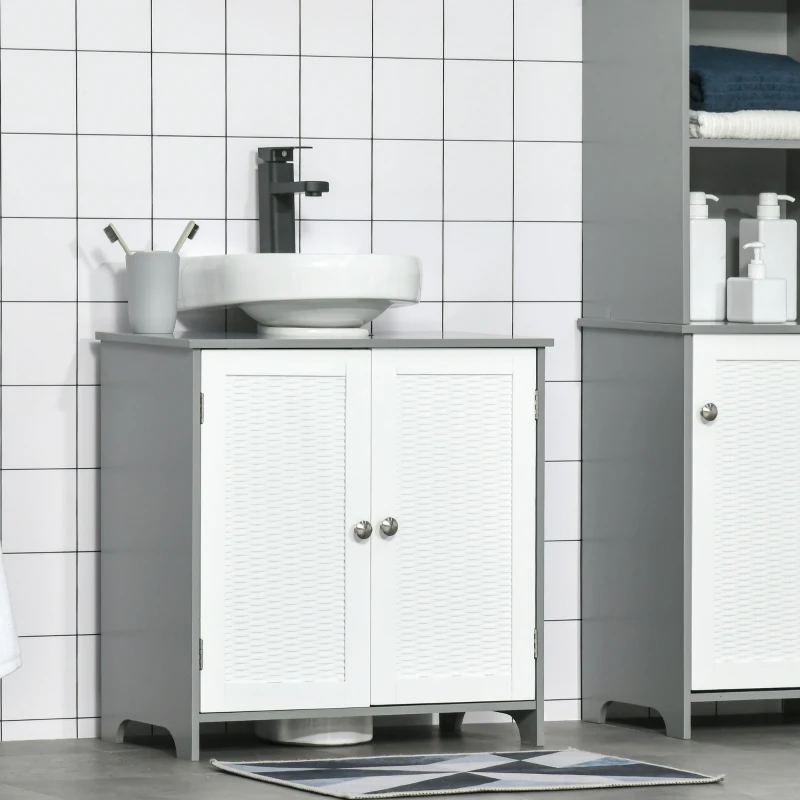 kleankin Meuble sous lavabo meuble sous évier placard 2 portes avec étagère 60 x 30 x 60 cm gris blanc