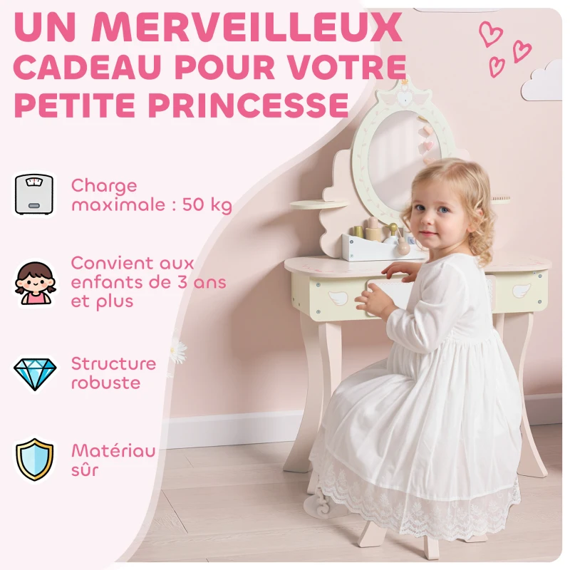 AIYAPLAY Coiffeuse enfant fille table de maquillage 2 en 1 avec 7 accessoires de jeu miroir en acrylique 59,8x29,6x89,8cm rose