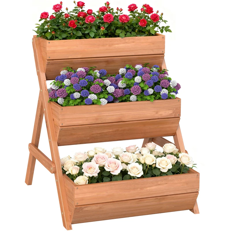 Outsunny 3 Tier Raised Garden Bed Wooden Elevated Planter Box Kit, 66L for Flower, Vegetable, Herb, 65x75x78cm, Brown