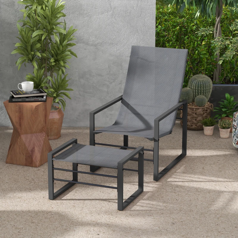 Outsunny Ensemble fauteuil relax de jardin avec repose-pieds, chaise longue, structure métal et tissu mesh aéré - gris