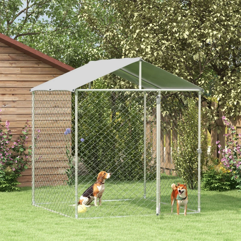 PawHut Chenil d'extérieur pour chiens - enclos parc 4m² avec auvent et porte verrouillable - Dim. 200L x 200l x 237H cm