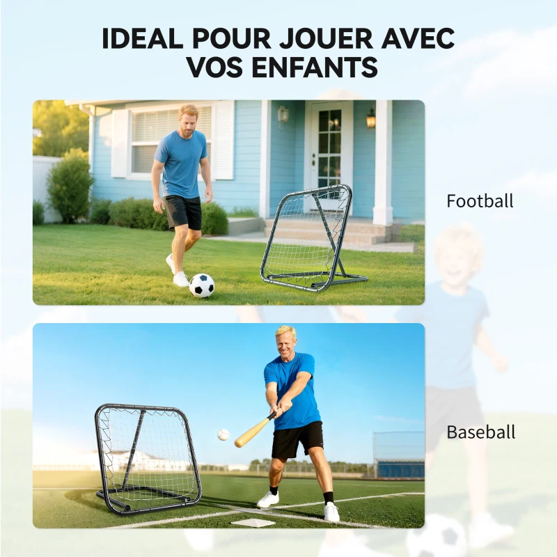 HOMCOM Filet de rebond de football rebondisseur de football ajustable pliable portable 4 piquets de fixations au sol filet de PE noir blanc 78 x 84 x 78 cm