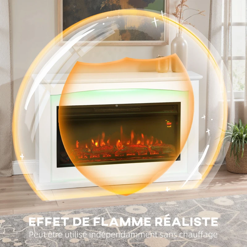 HOMCOM Cheminée électrique 1000W/2000W, fausse cheminée décorative, effet flamme à 5 luminosités réglables, 121x25x77cm, blanc(m-7)