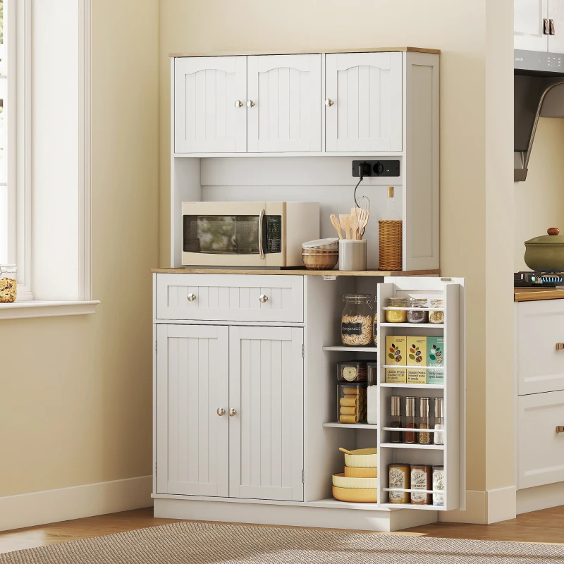 HOMCOM Buffet haut cuisine, armoire de cuisine, station de charge, 6 portes, plan de travail, porte-épices, 100x40x173cm, blanc