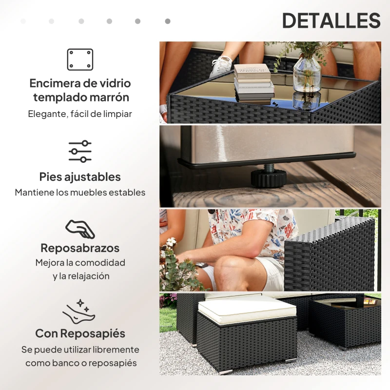 Outsunny Conjunto de Muebles de Ratán de Jardín Sofá de 3 Plazas Taburete y Mesa de Centro con Encimera de Cristal Negro