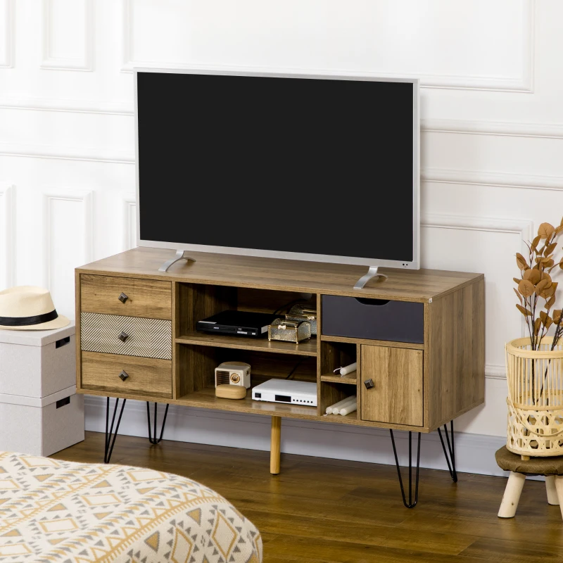 HOMCOM Meuble TV jusqu'à 50 pouces avec 4 compartiments 4 tiroirs 2 passe-câbles et 1 placard pieds épingles métal noir