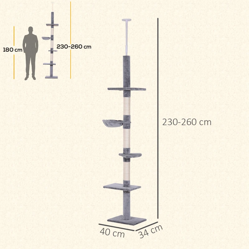 PawHut Albero Tiragraffi a 4 Livelli ad Altezza Regolabile, in Truciolato, Peluche e Sisal, 40x34x230-260 cm, Grigio