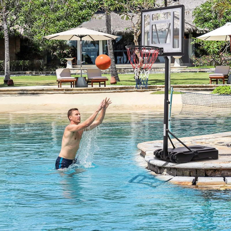 HOMCOM Panier de basket extérieur pour Bord de Piscine Poteau Panneau, Base de lestage sur roulettes Hauteur de l'arceau réglable 1,1-1,3 m Noir Blanc