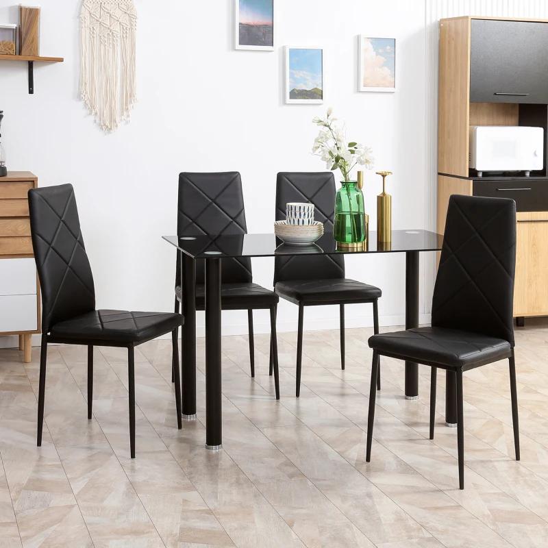 HOMCOM Ensemble de table à manger avec 4 chaises plateau en verre trempé, pieds en acier, pour cuisine salon noir