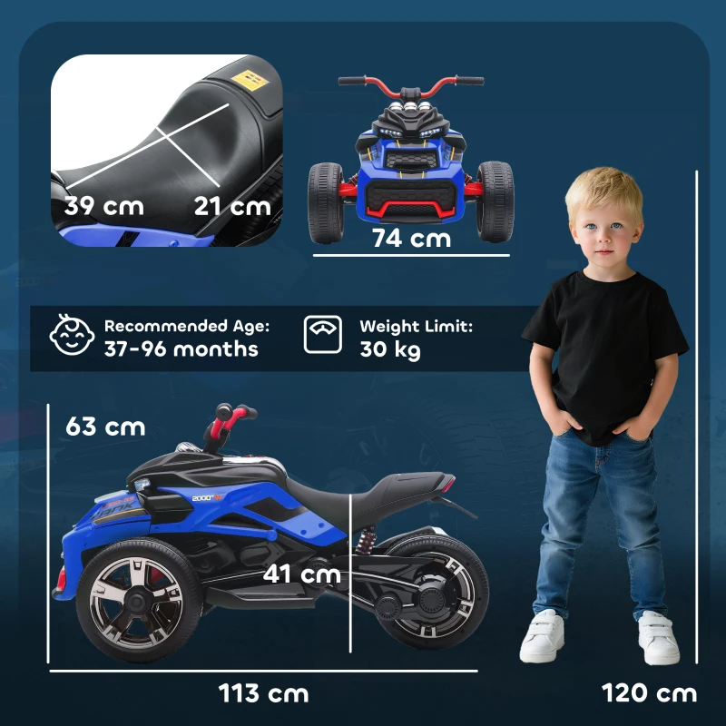 AIYAPLAY 12V Kids Electric Ride On Car with 3 Wheeler, MP3 Player, Horn, 2 Speeds, LED Lights for Boys & Girls Ages 3-8, Blue