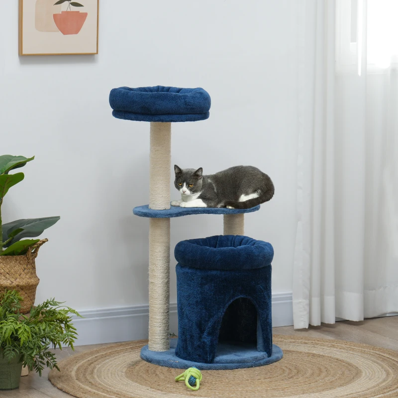 PawHut Arbre à chat, arbre à grimper pour chat, avec poteaux à griffer en sisal naturel, hauteur de 85 cm, bleu foncé, crème
