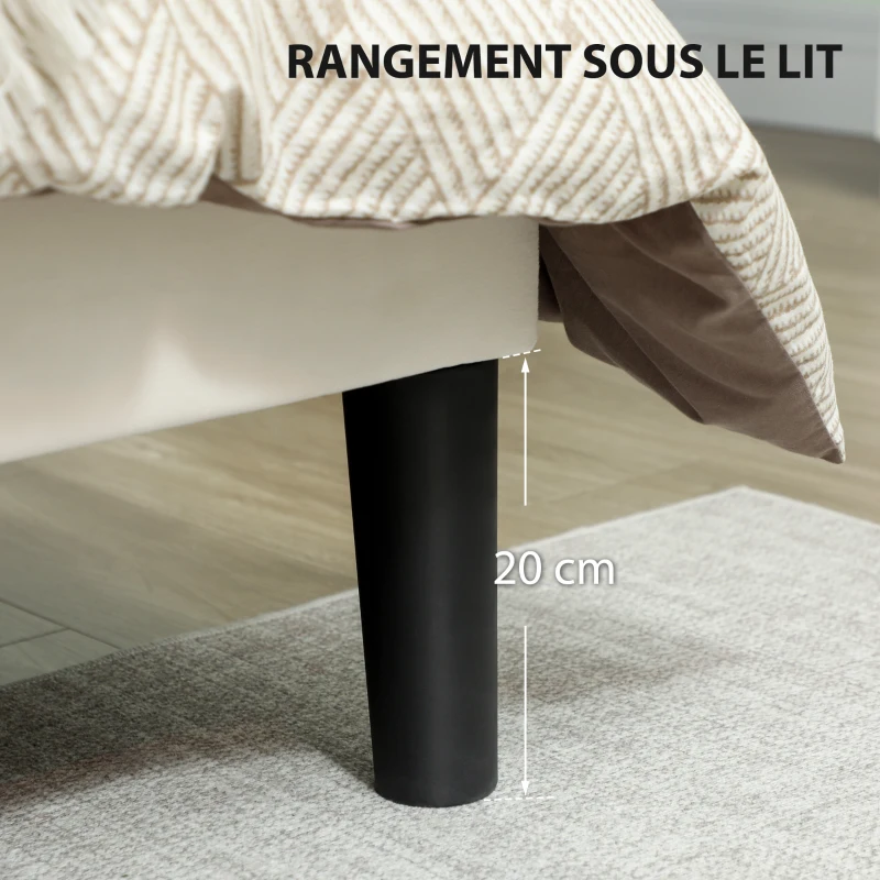 HOMCOM Cadre de lit double 140 x 190 cm lit 2 personnes tête de lit réglable sommier 150 x 198 x 101/106/111/116/121 cm crème