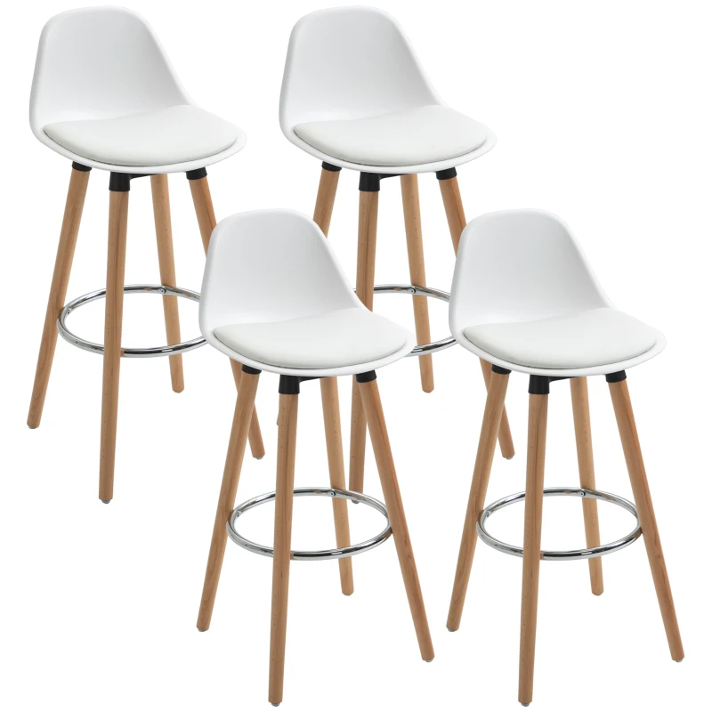 HOMCOM Lot de 4 tabourets de bar style scandinave hauteur 70 cm avec pieds en bois et repose-pieds en acier - blanc