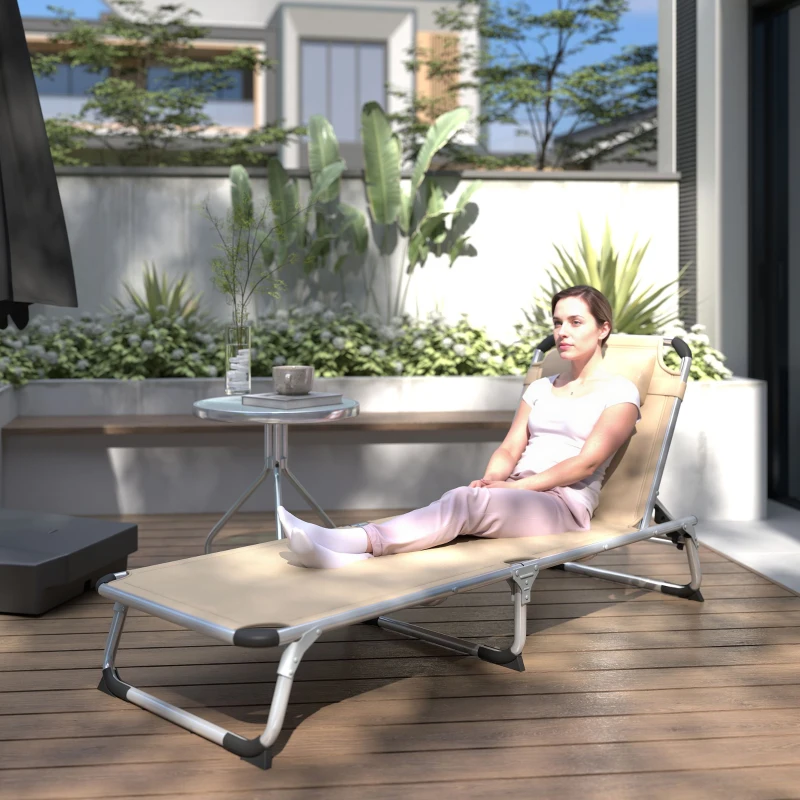 Outsunny Bain de soleil, chaise longue pliante avec appuie-tête, dossier inclinable, aluminium et textilène, beige