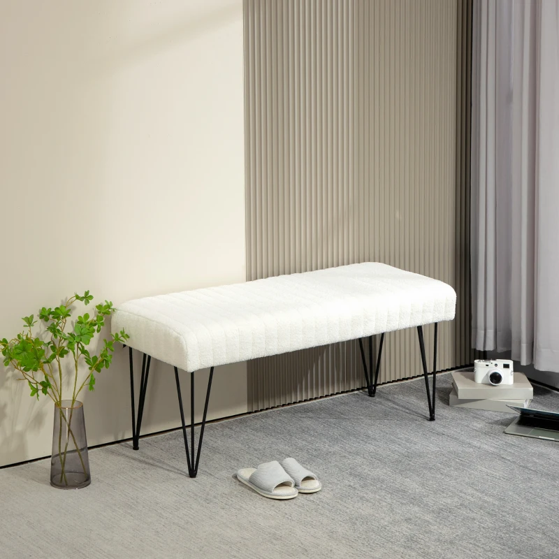HOMCOM Banc bout de lit banquette en tissu bouclette blanc avec pieds épingle en métal noir 118,5l x 46P x 49,5H cm crème