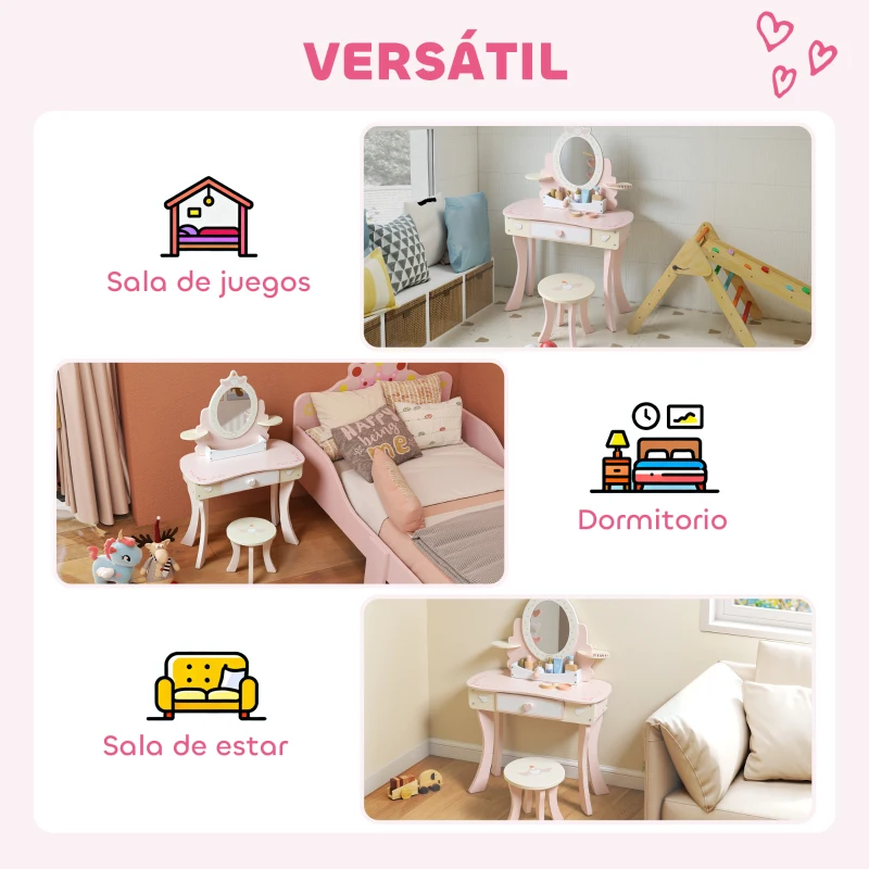 AIYAPLAY Tocador para Niñas 2 en 1 Escritorio con Taburete Espejo Cajón 7 Accesorios para Niños a Partir de 3 Años Rosa