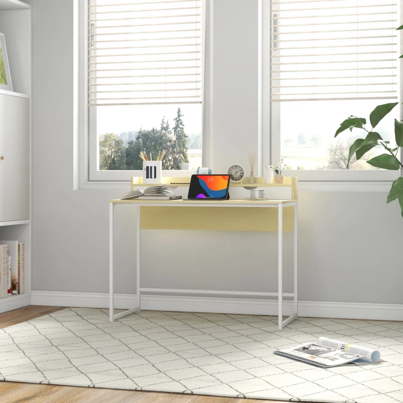 HOMCOM Bureau avec étagère de rangement et 2 tiroirs style moderne effet bois naturel et métal blanc - 106L x 50D x 89H cm