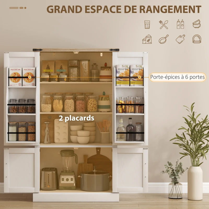 HOMCOM Buffet de cuisine, armoire de cuisine avec 4 portes, 6 porte-épices et étagères réglables, 76,3 x 40 x 136 cm, blanc