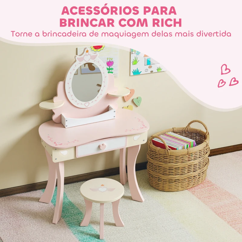 AIYAPLAY Toucador para Crianças com Banco Toucador com Espelho Gaveta e 7 Acessórios Rosa