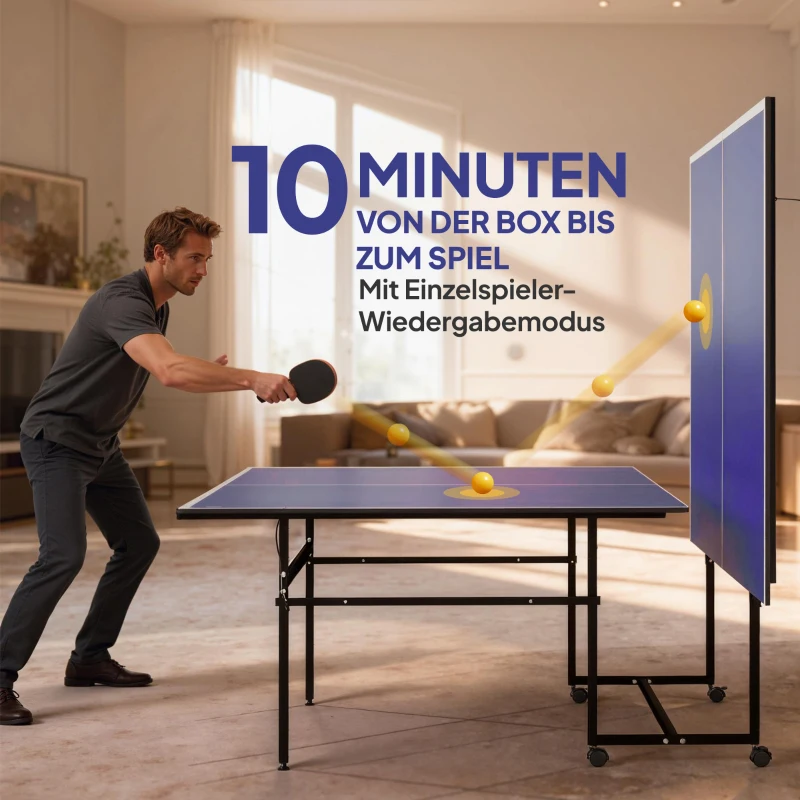 SPORTNOW Tischtennisplatte, klappbar, mobil, 2 Schläger, 3 Bälle, Metallrahmen, 274x152,5x76 cm, Blau