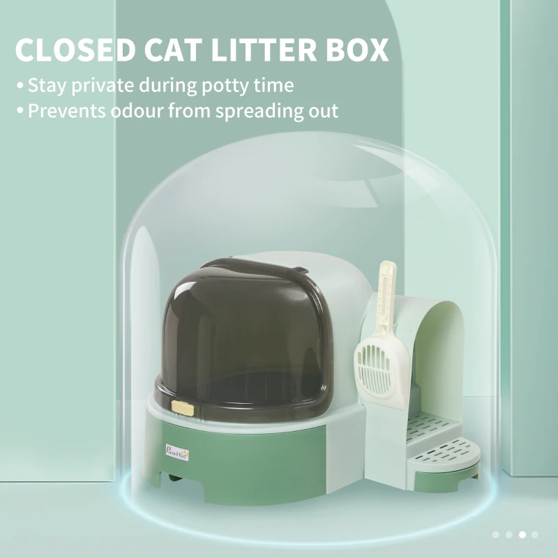 PawHut 2 in 1 Cat Litter Box, with Drawer Pans, Scoop, Openable Cover - Green