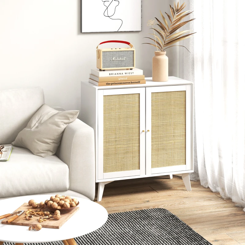 HOMCOM Buffet haut meuble de rangement design bohème double portes avec 2 niveaux, façade en rotin 80 x 40 x 85 cm blanc