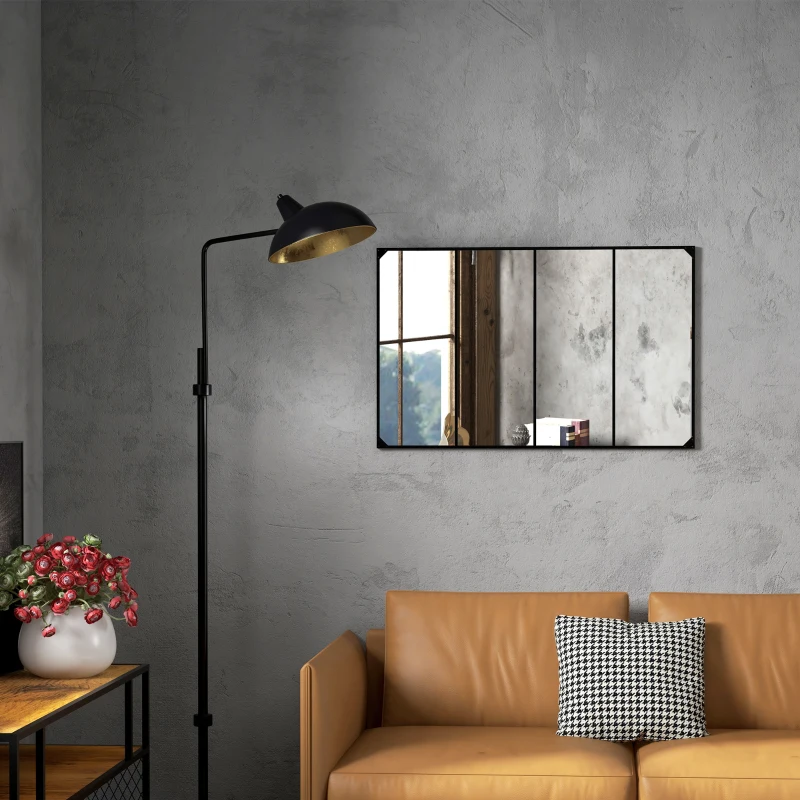 HOMCOM Miroir mural verrière rectangulaire style industriel, horizontal ou vertical avec 4 crochets, en métal noir 109 x 69 cm