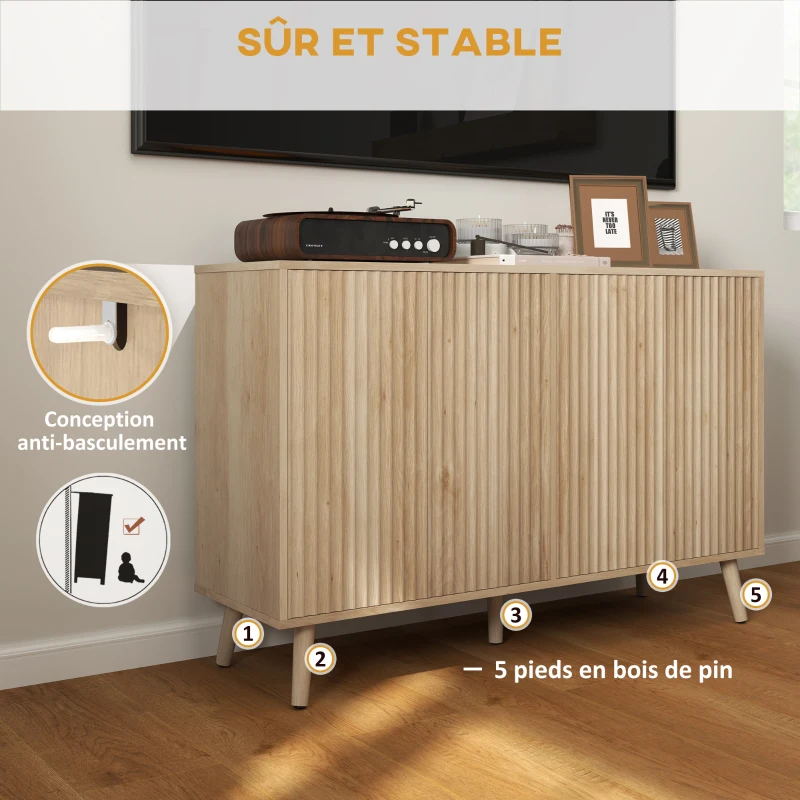 HOMCOM Buffet, Aufbewahrungsschrank mit 4 geriffelten Drucköffnungs-Türen, 120 x 35 x 77,5 cm, Eiche