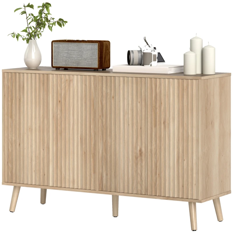 HOMCOM Buffet salon, meuble de rangement avec 4 portes cannelés à ouverture par pression 120 x 35 x 77,5 cm, chêne