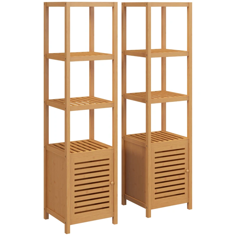 HOMCOM Lot de 2 meubles colonne rangement salle de bain bambou design naturel 36L x 33l x 140H cm 4 étagères 8 niveaux + placard