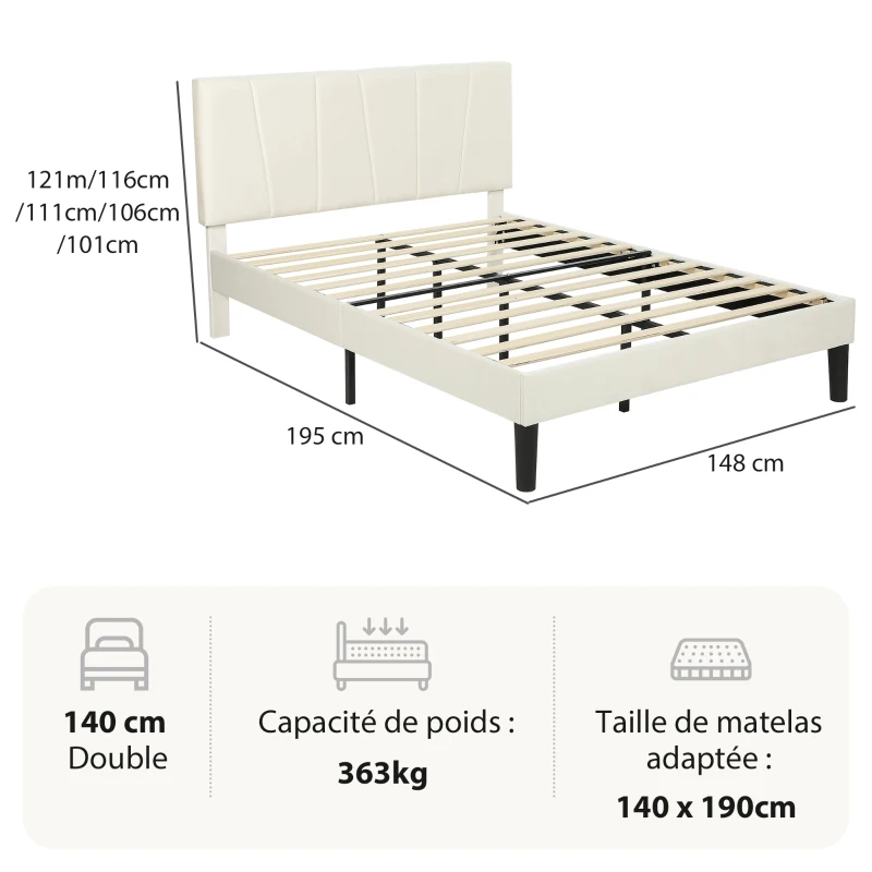 HOMCOM Cadre de lit double 140 x 190 cm lit 2 personnes tête de lit réglable sommier 150 x 198 x 101/106/111/116/121 cm crème