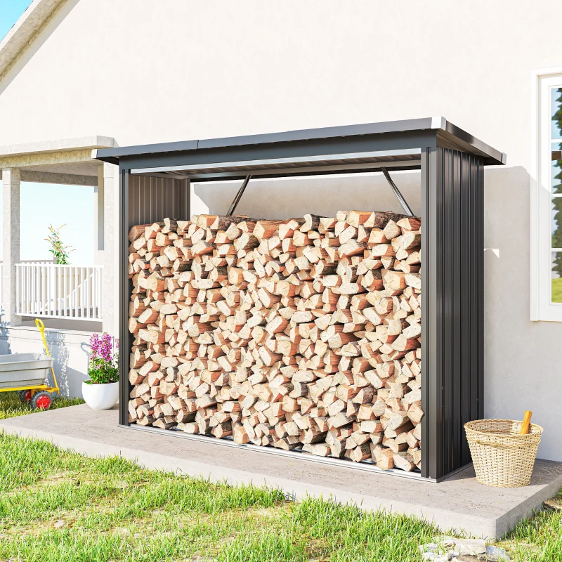 Outsunny Abri-bûches couvert support pour bois de chauffage plancher surélevé toit incliné, acier galvanisé 213x66,5x150cm gris