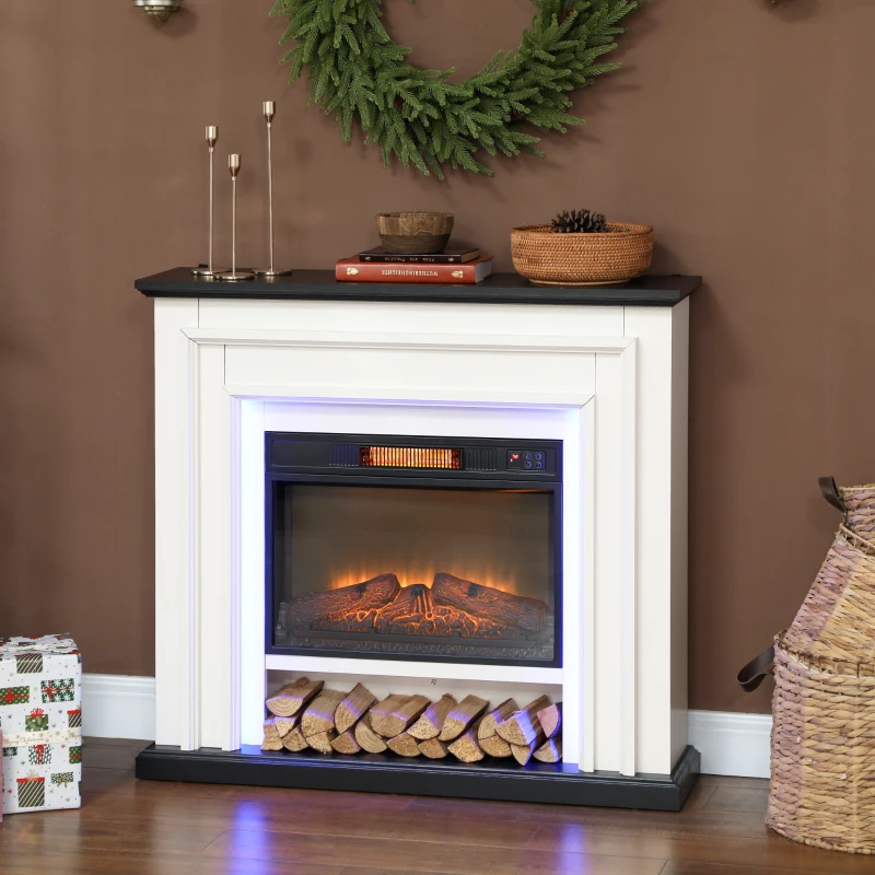 HOMCOM Cheminée électrique 1800W, fausse cheminée décorative lumières LED RGB, effet flamme, manteau, 105 x 27 x 97 cm, noir