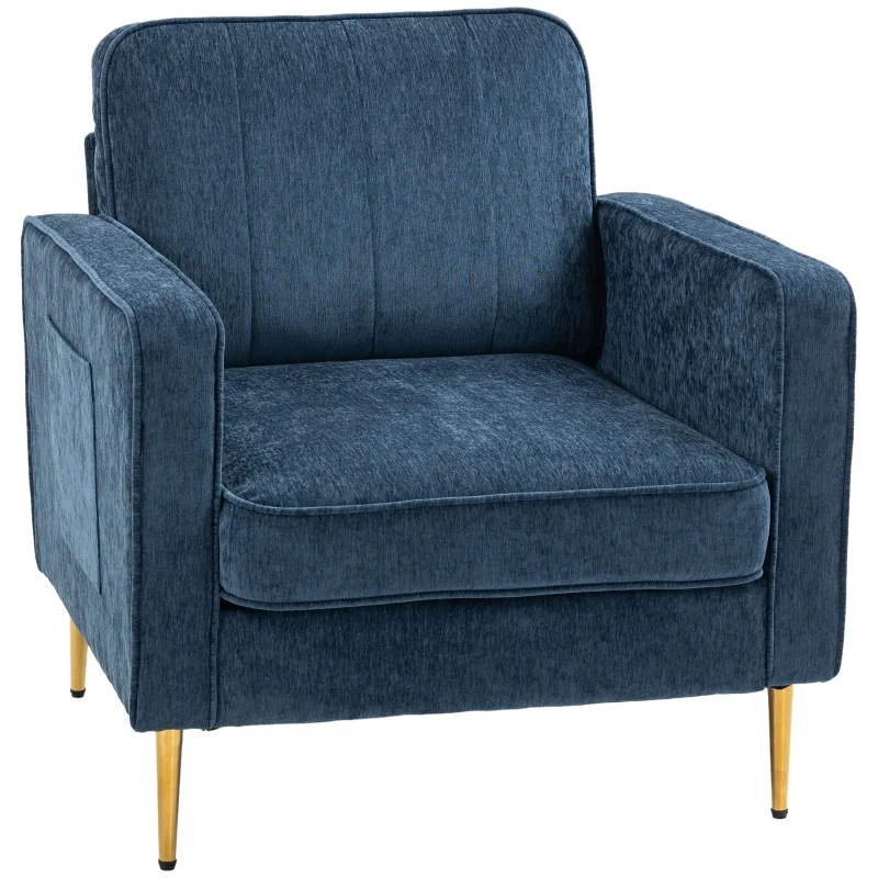 HOMCOM Fauteuil en tissu avec pieds en acier doré, grand confort, pochettes latérales, pour salon, bureau, chambre, bleu