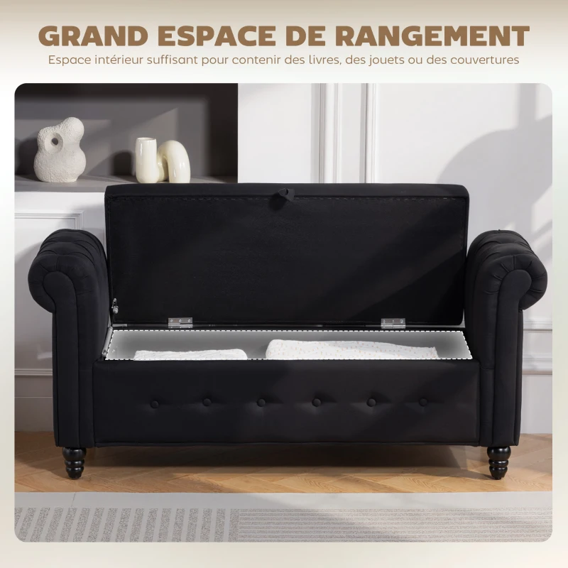HOMCOM Banc banquette coffre 2 en 1 en tissu aspect lin avec pieds en bois 146,5 x 49 x 72 cm noir