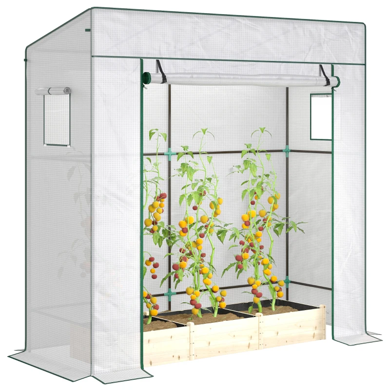 Outsunny Serre de jardin murale adossée avec 1 porte enroulable, bâche PE renforcée, 2 fenêtres, dim. 196L x 77l x 197/178H cm