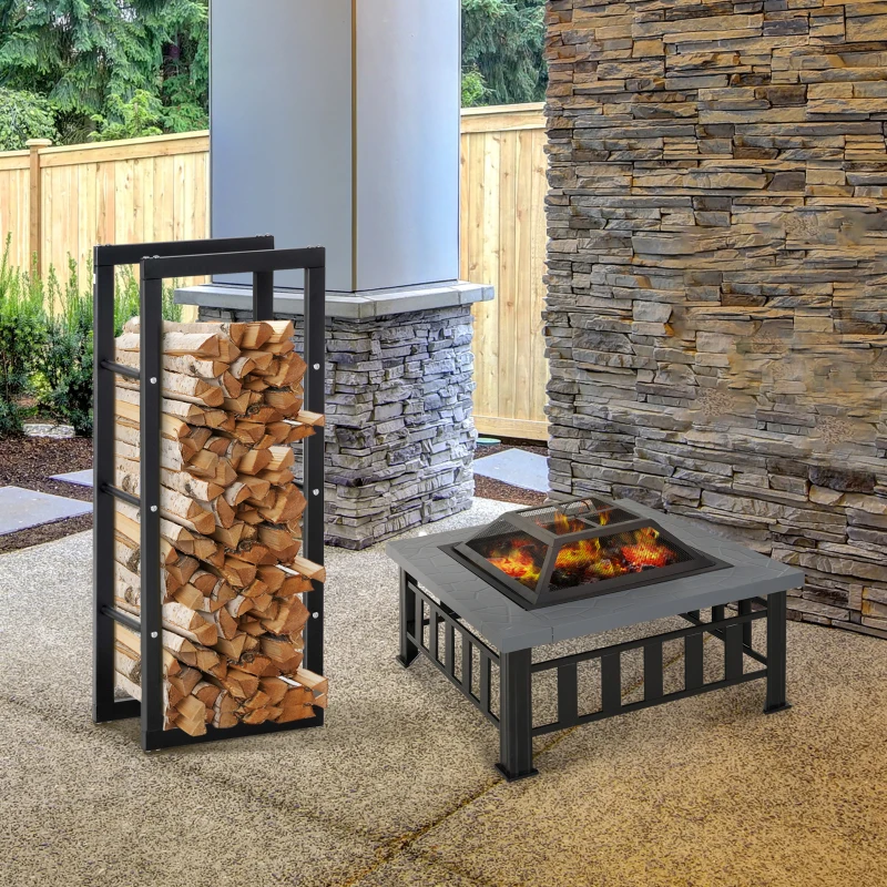 Outsunny Brasero Cheminée Grille à Charbon Couvercle Tisonnier Métal Noir + Etagère Porte Bois de Cheminée Porte-bûches Charge Max. 100 Kg Métal Noir