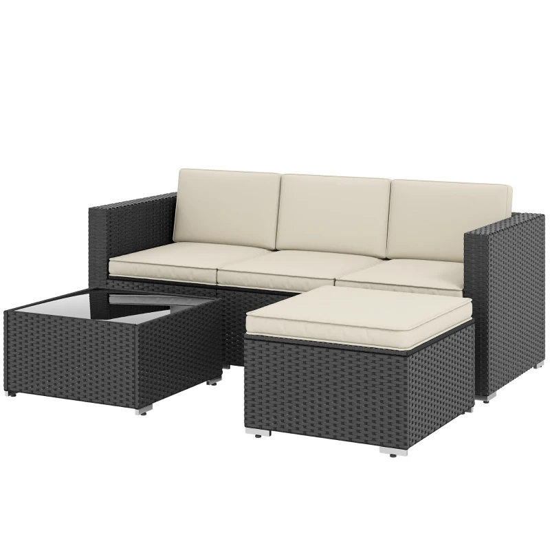 Outsunny Conjunto de Móveis de Vime de Jardim 3 Peças Sofá de 3 Lugares com Almofadas e Mesa de Centro com Bancada de Vidro Preto e Bege
