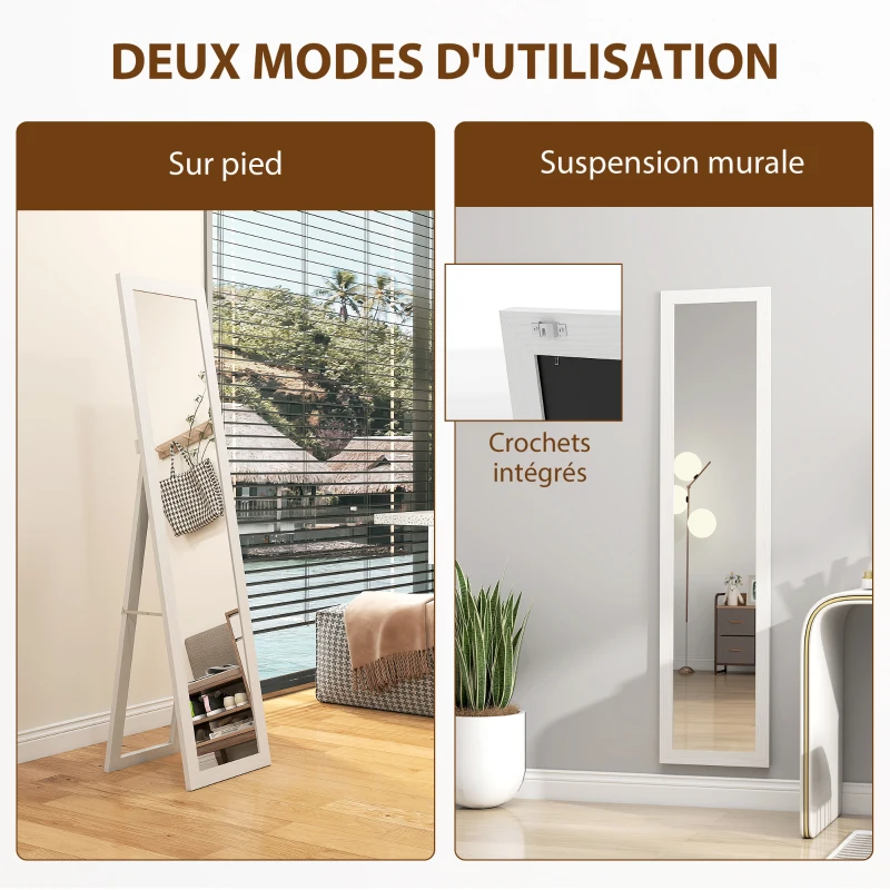 HOMCOM Miroir sur pied mural ou à poser rectangulaire avec cadre en bois pour salon chambre à coucher 37 x 155 cm blanc