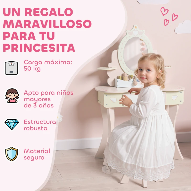 AIYAPLAY Tocador para Niñas 2 en 1 Escritorio con Taburete Espejo Cajón 7 Accesorios para Niños a Partir de 3 Años Rosa