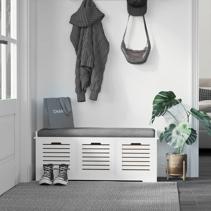 HOMCOM Banc à chaussures meuble à chaussures avec 3 tiroirs et coussin d'assise amovible, dim. 108l x 35P x 43H cm, blanc