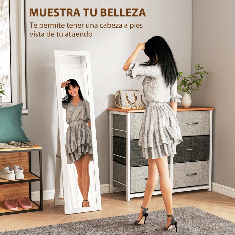 HOMCOM Espejo de Cuerpo Entero 157x37 cm con Marco de MDF Espejo de Pie Inclinado o Colgante Blanco Veteado