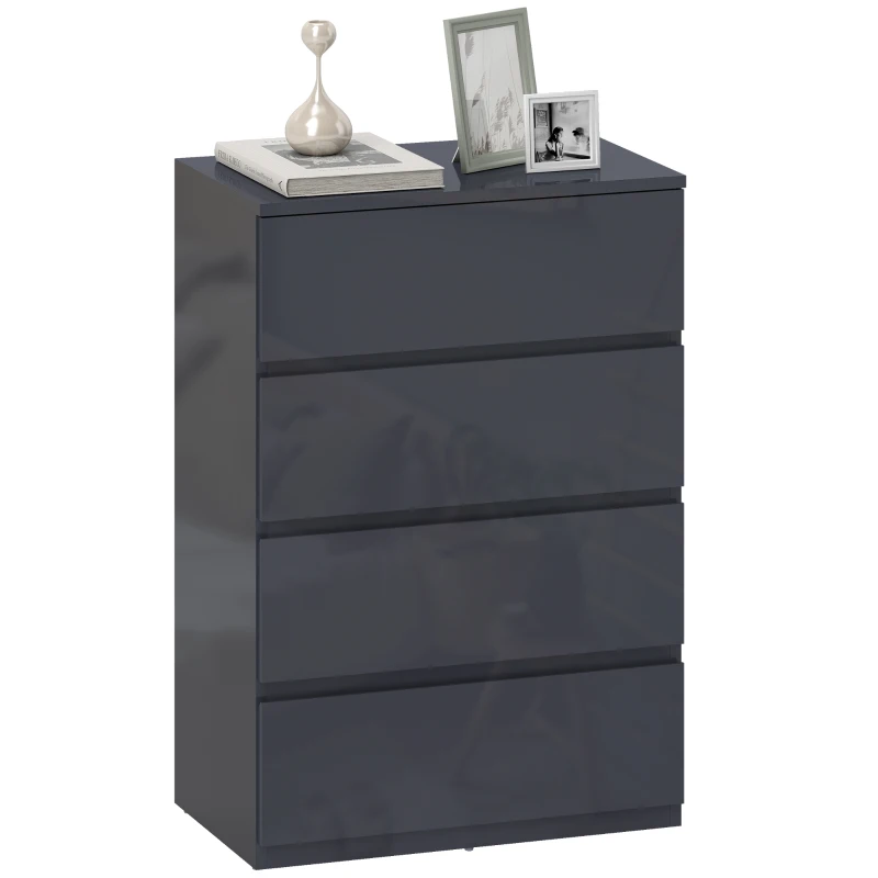 HOMCOM Commode 4 tiroirs, meuble de rangement à haute brillance, fermeture douce et silencieuse, 55 x 34 x 80 cm, gris
