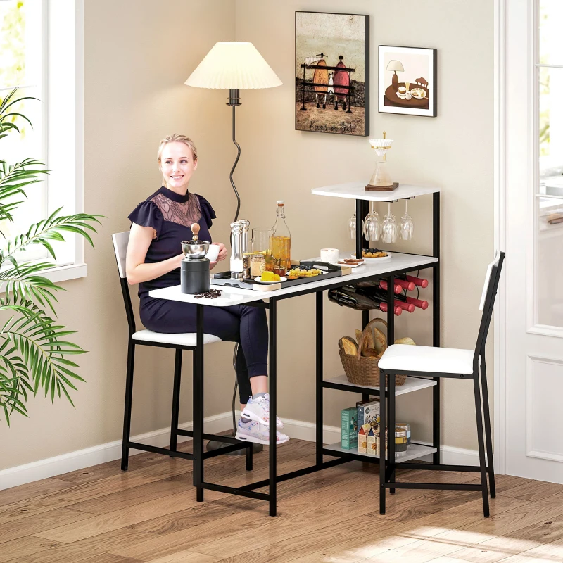 HOMCOM Ensemble table de bar avec tabourets, abattant pliant, casiers à vin, porte-verres, étagères et repose-pieds, blanc