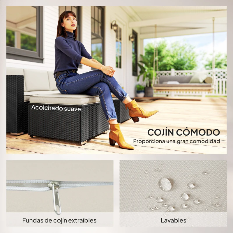 Outsunny Conjunto de Muebles de Ratán de Jardín Sofá de 3 Plazas Taburete y Mesa de Centro con Encimera de Cristal Negro