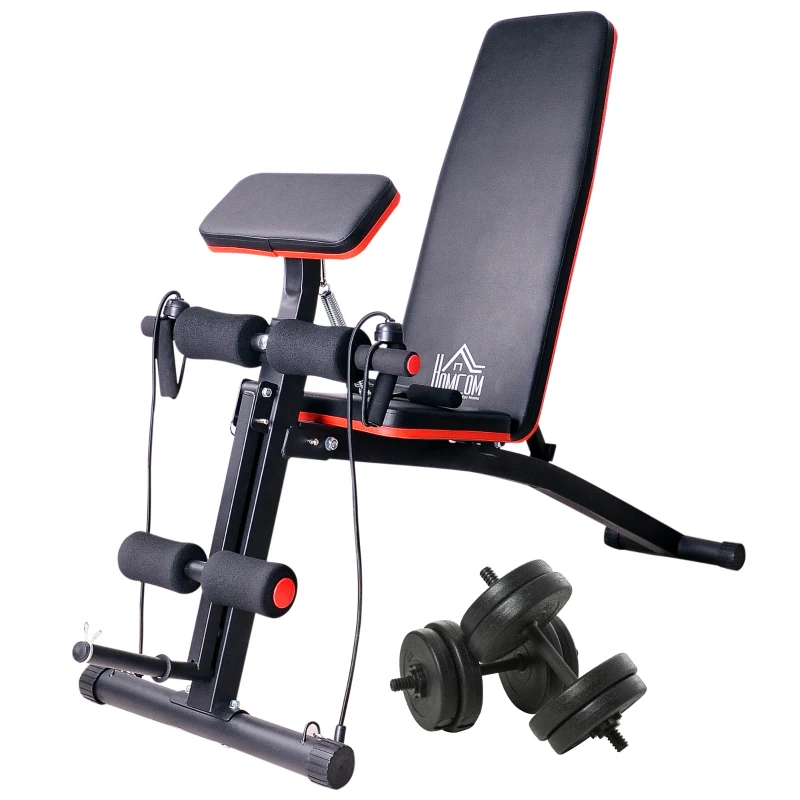 HOMCOM Banc de musculation pliable inclinable réglable sangles élastiques support haltères inclus acier noir rouge + Ensemble d'haltères Courtes Total 20 Kg acier HDPE noir