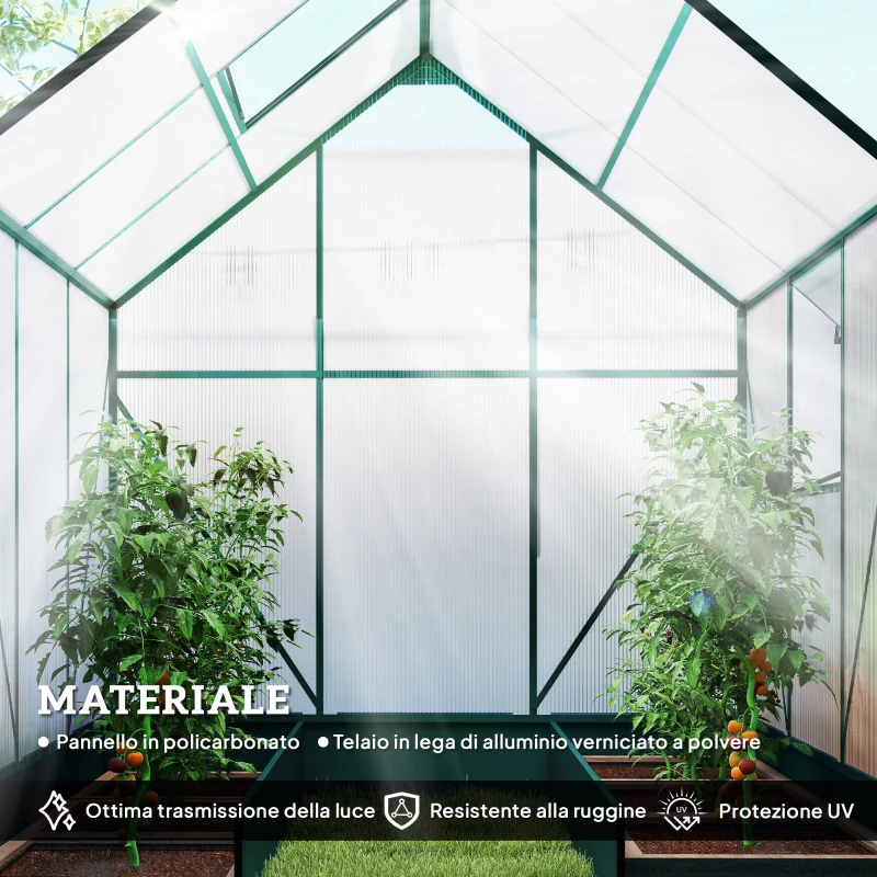 Outsunny Serra da Giardino in Policarbonato e Alluminio con Finestre e Base Inclusa, 190x190x220 cm