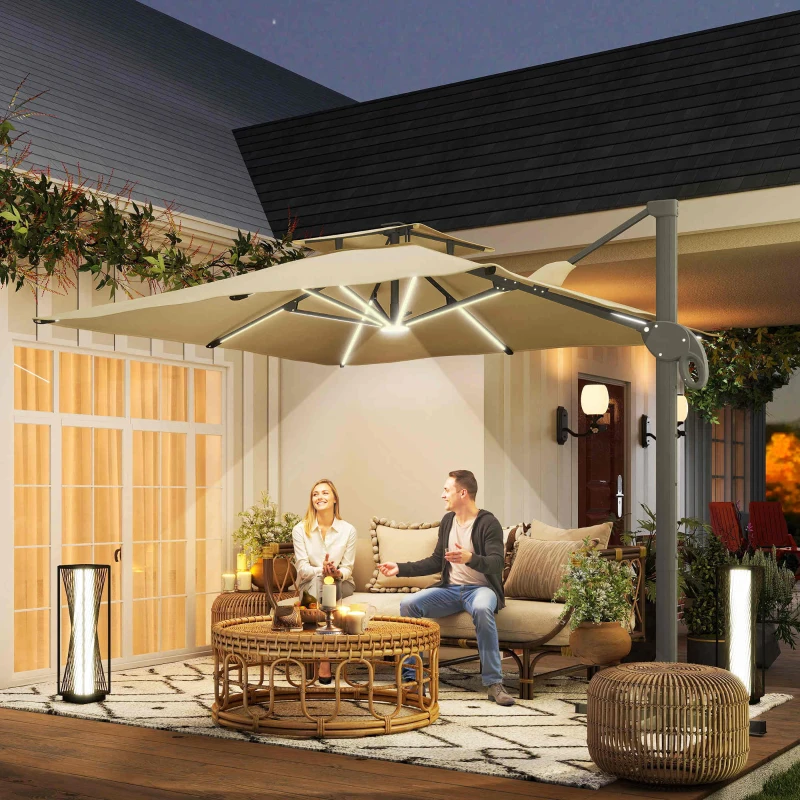 Outsunny Parasol déporté LED carré double toit inclinable pivotant 360° manivelle piètement acier dim. 3L x 3l x 2,66H m beige